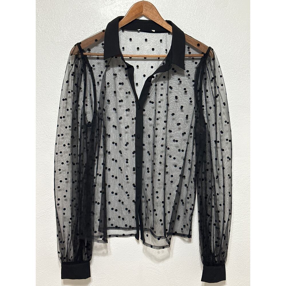 Whimsigoth Coquette Sheer Polka Dot Puff Sleeve Blouse L Black Wednesday Adams